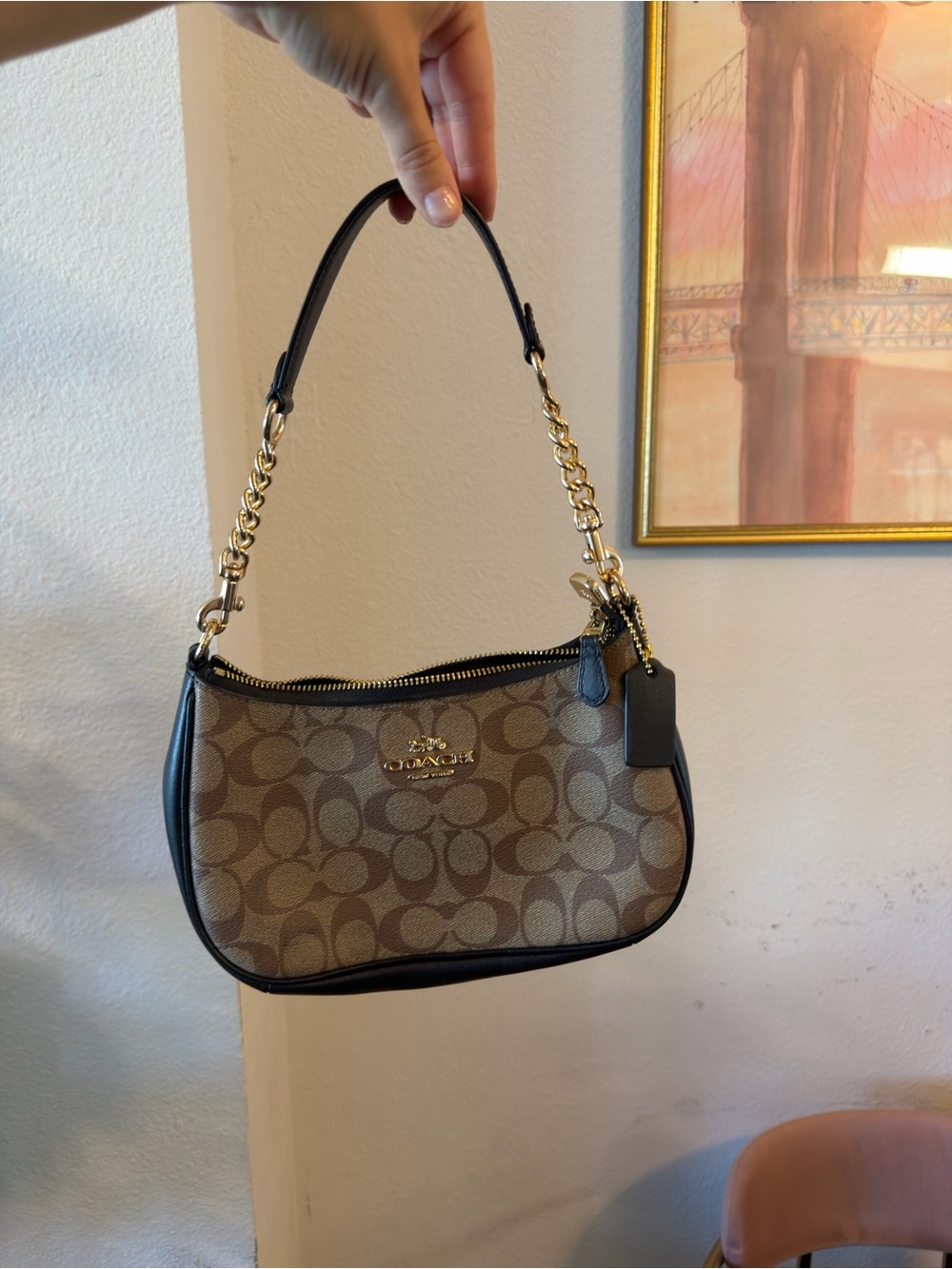 Coach Brown Signature Canvas Mini Shoulder Bag with Black Trim